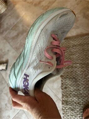 Hoka Women's Trainer in White with Mint and Pink Accents